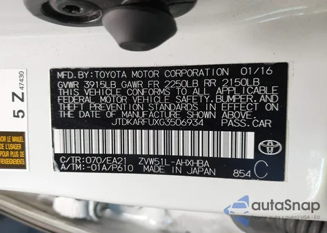 2016 Toyota Prius Three Touring from USA, damaged, VIN JTDKARFUXG3506934